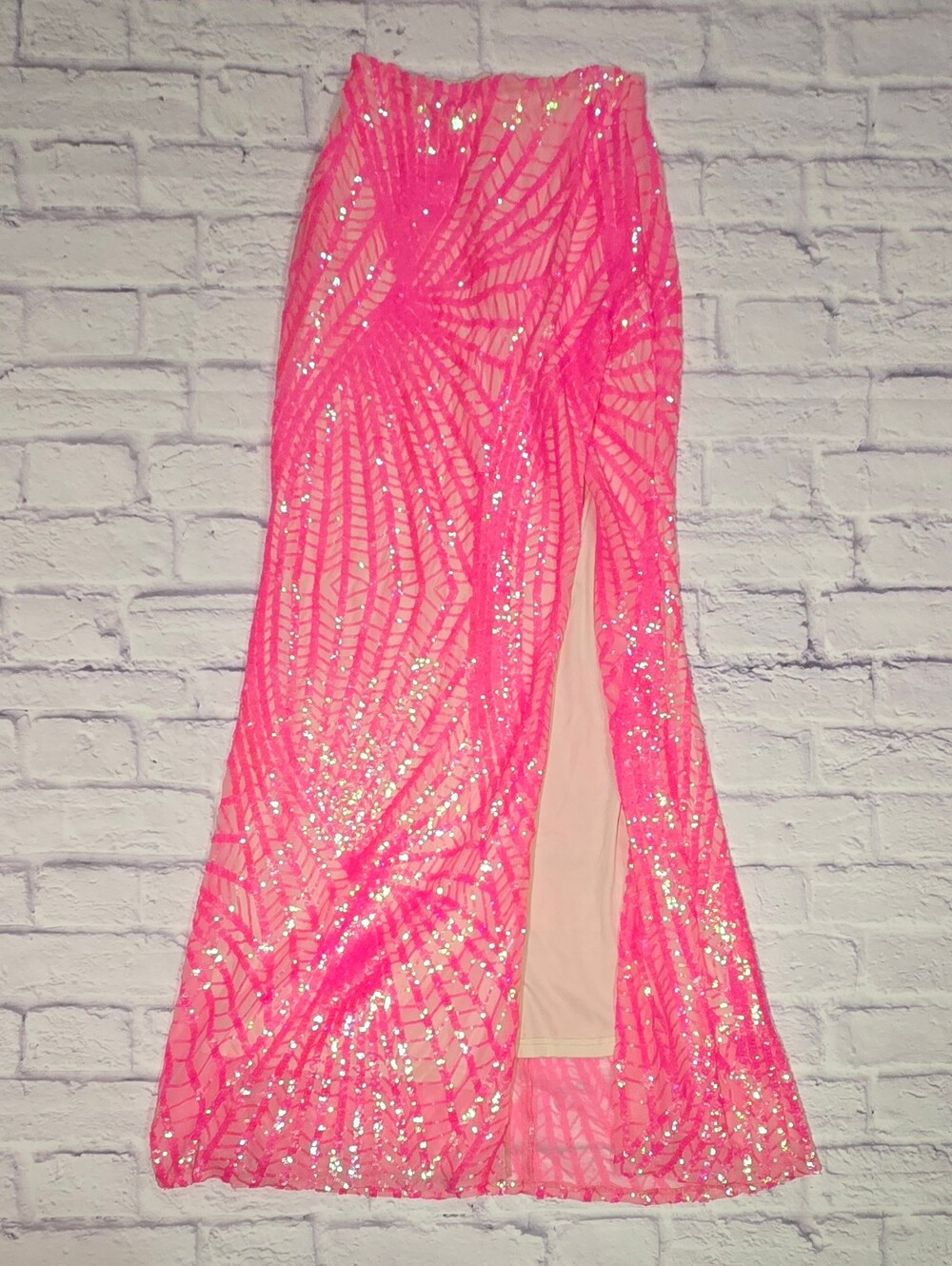Neon Pink Sequin Two Piece Formal Set One Shoulder Crop Top Maxi Skirt - Picture 3 of 14